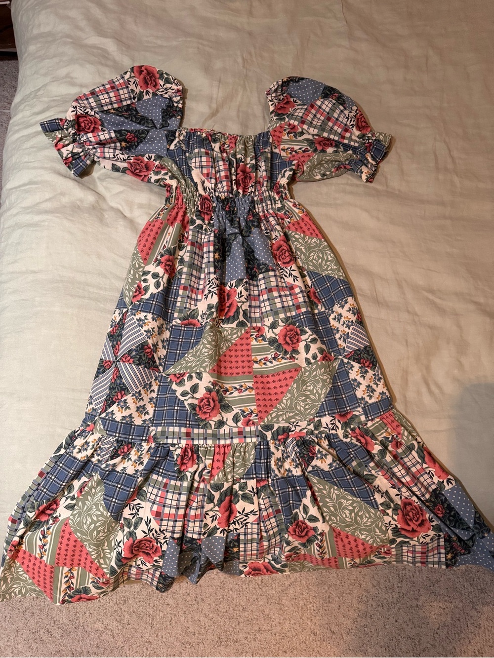 Handmade THRILLENIUM Patchwork Floral Maxi Smocked Dress in Blue & Pink